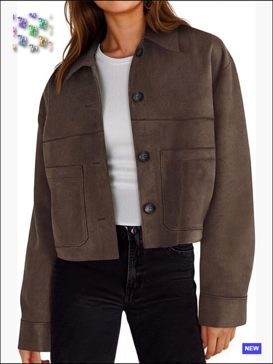 Jackets & Blazers - Cropped Faux Suede Jacket Lapel Collar Button Down Short Coat Fall Winter
